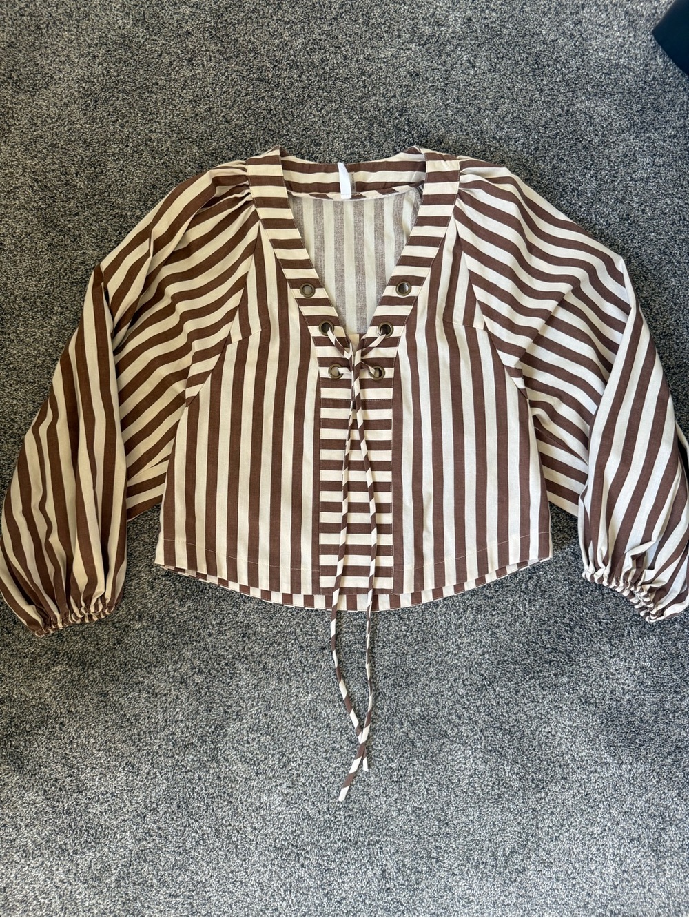 Brown & Cream Striped Lace-Up V-Neck Blouse